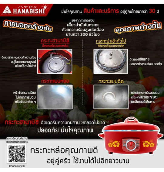 HANABISHI กระทะไฟฟ้ามีซึ่งนึ่ง 2 ชั้น กระทะไฟฟ้าอเนกประสงค์ ฮานาบิชิ ขนาด 14 นิ้ว รุ่น HEP-14S สีแดง รับประกัน 1 ปี จัดส่งทั่วไทย เก็บเงินปลายทาง ไฮเทคเซ็นเตอร์