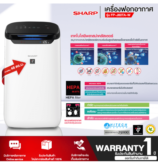 SHARP เครื่องฟอกอากาศ รุ่น FP-J60TA-W  ขนาดห้อง 48 ตร.ม. ระบบความเข้มข้นพลาสม่าคลัสเตอร์ 25000 ตรวจจับฝุ่น PM 2.5ฆ่าเชื้่อโรค จัดส่งทั่วไทย