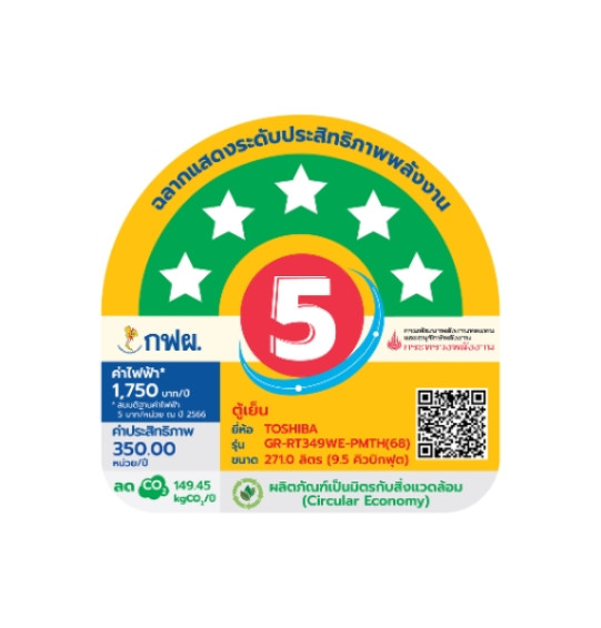 TOSHIBA ตู้เย็น 2 ประตู 9.5 คิว รุ่น GR-RT349WE อินเวอร์เตอร์ ประหยัดไฟสูงสุด ราคาถูก รับประกัน 10 ปี