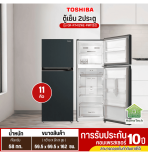 TOSHIBA 2-door refrigerator: 11 cubic feet capacity, model GR-RT412WE-PMT(52), 10-year compressor warranty.